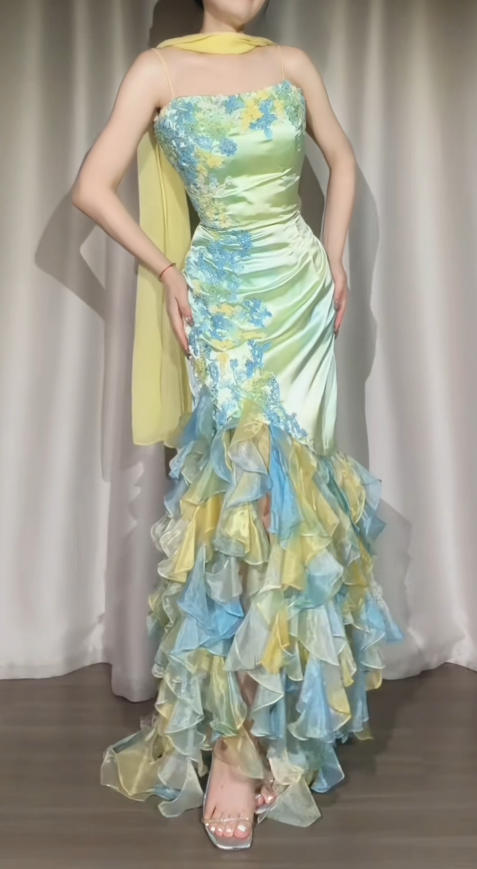 Green Sheath Long Prom Dress Spaghetti Straps Beaded Evening Dress Chiffon Formal Dress ED07607