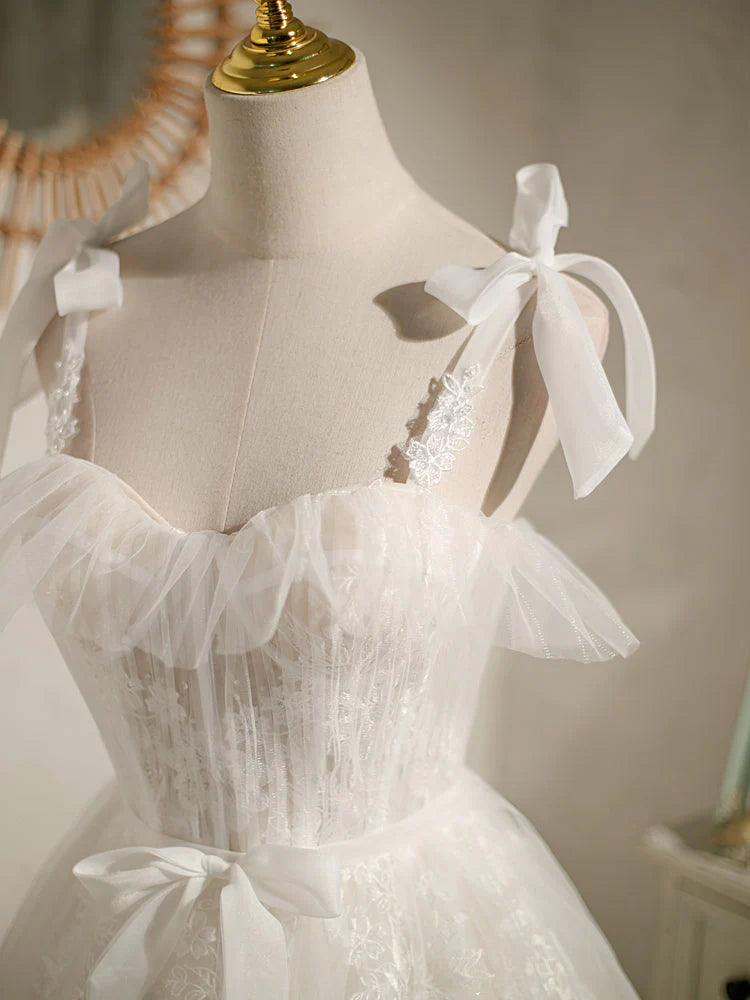 White sweetheart neck tulle lace short prom dress, white tulle formal dress ED0761
