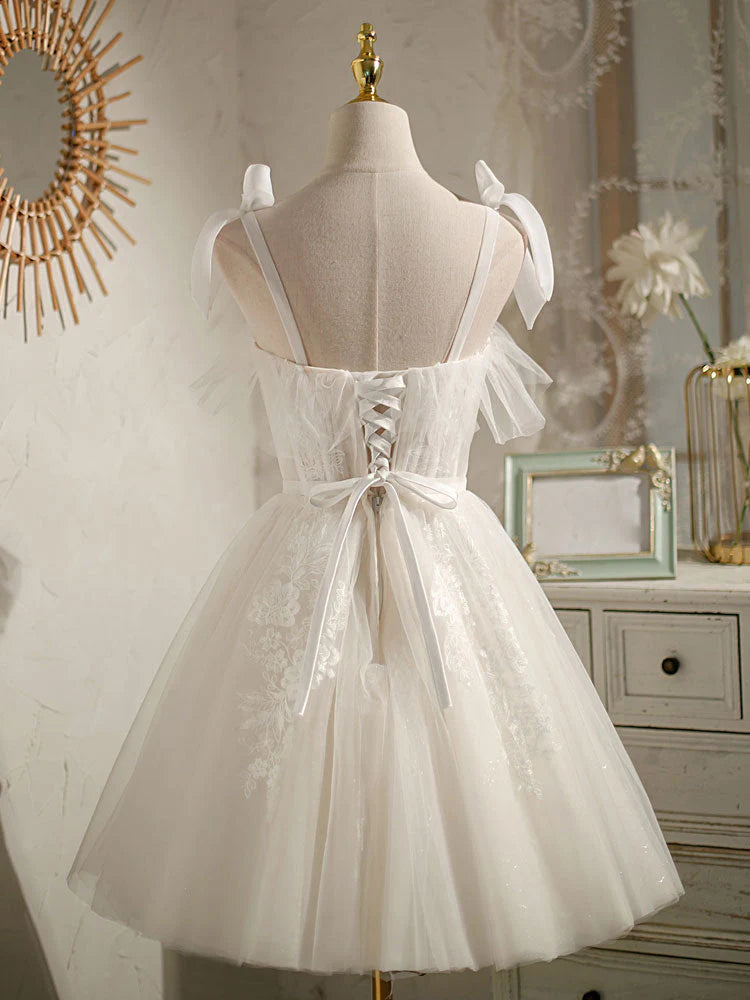 White sweetheart neck tulle lace short prom dress, white tulle formal dress ED0761