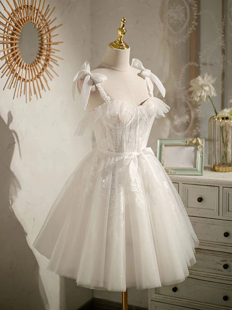 White sweetheart neck tulle lace short prom dress, white tulle formal dress ED0761