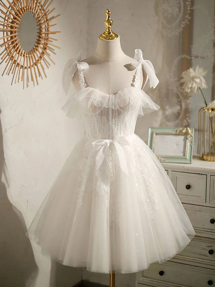 White sweetheart neck tulle lace short prom dress, white tulle formal dress ED0761