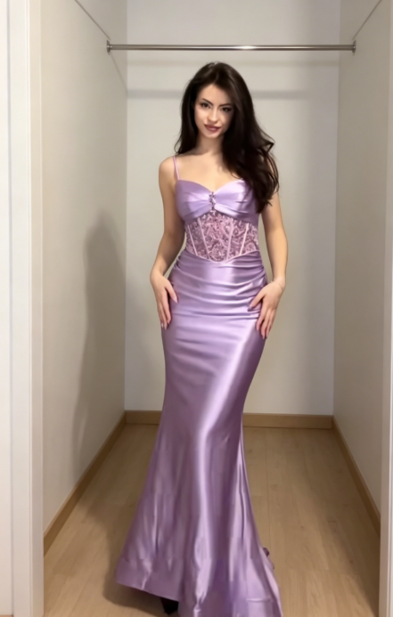 Chic Sheath Purple Prom Dress Spaghetti Straps Satin Beaded Long Evening Dress ED07613