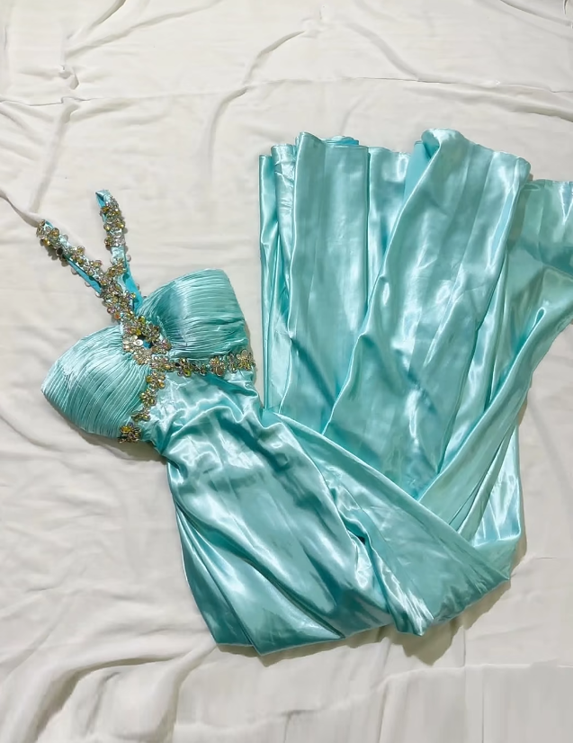 Élégante Robe de Bal Fourreau Bleue, Dos Nu, en Satin, Longue Robe de Soirée ED07617