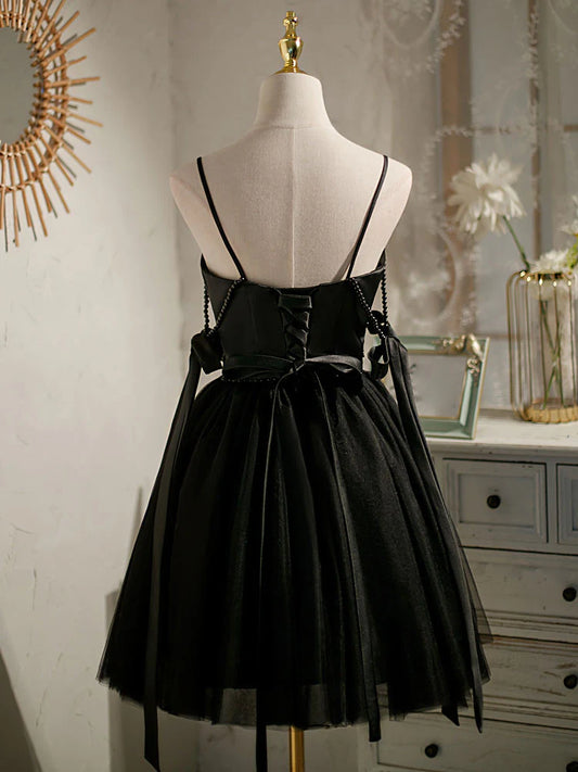 Black A-line tulle short prom dress, black homecoming dress ED0762