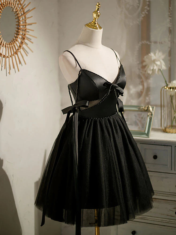 Schwarzes A-Linien-Tüll-Kurzballkleid, schwarzes Homecoming-Kleid ED0762