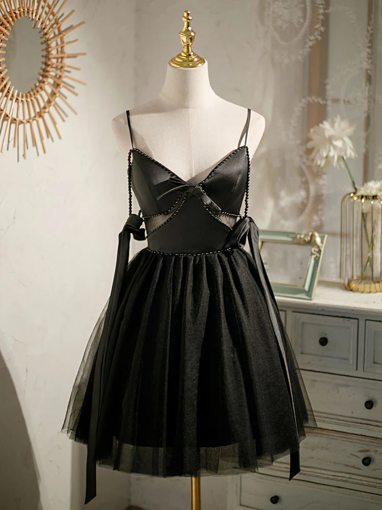 Schwarzes A-Linien-Tüll-Kurzballkleid, schwarzes Homecoming-Kleid ED0762