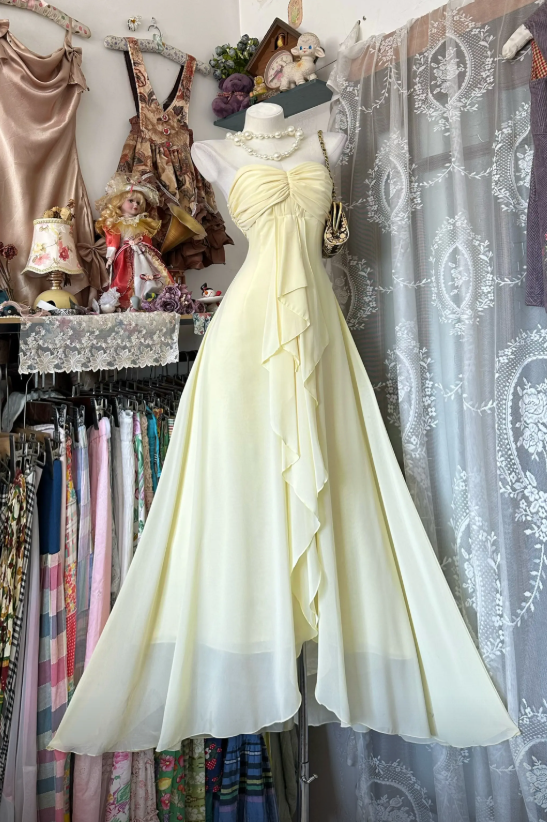 Yellow Prom Dress A-Line Strapless Chiffon Long Evening Dress ED07627