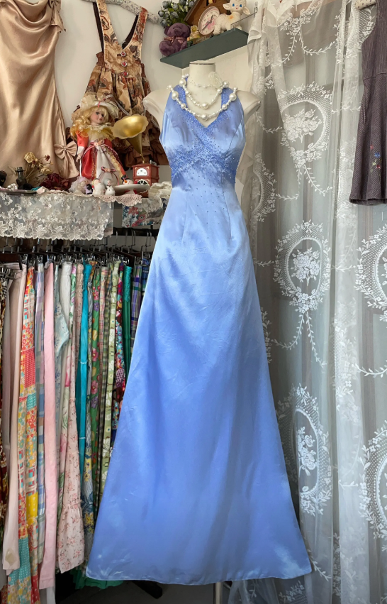 Blue Long Evening Dress Dress Satin V-neck A-line Formal Dress ED07634