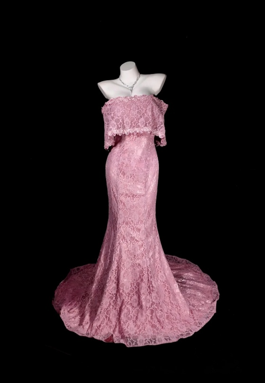 Rosa langes Ballkleid schulterfreies Meerjungfrauen-Abendkleid Kleid Spitze elegantes Kleid ED07639