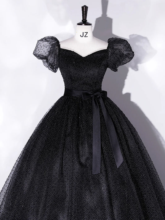 Black A-Line Tulle Long Prom Dresses, Black Formal Sweet 16 Dress ED0766