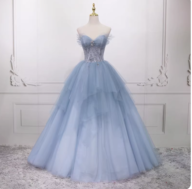 Blue A-Line Tulle Long Prom Dresses, Blue Tulle Formal Graduation Dresses ED0767