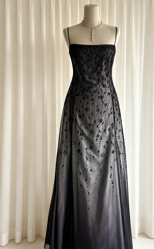 Grauer Ombré-Abschlussballkleid mit Spaghettiträgern, Etuikleid aus Chiffon mit Perlen, langes Abendkleid ED07670