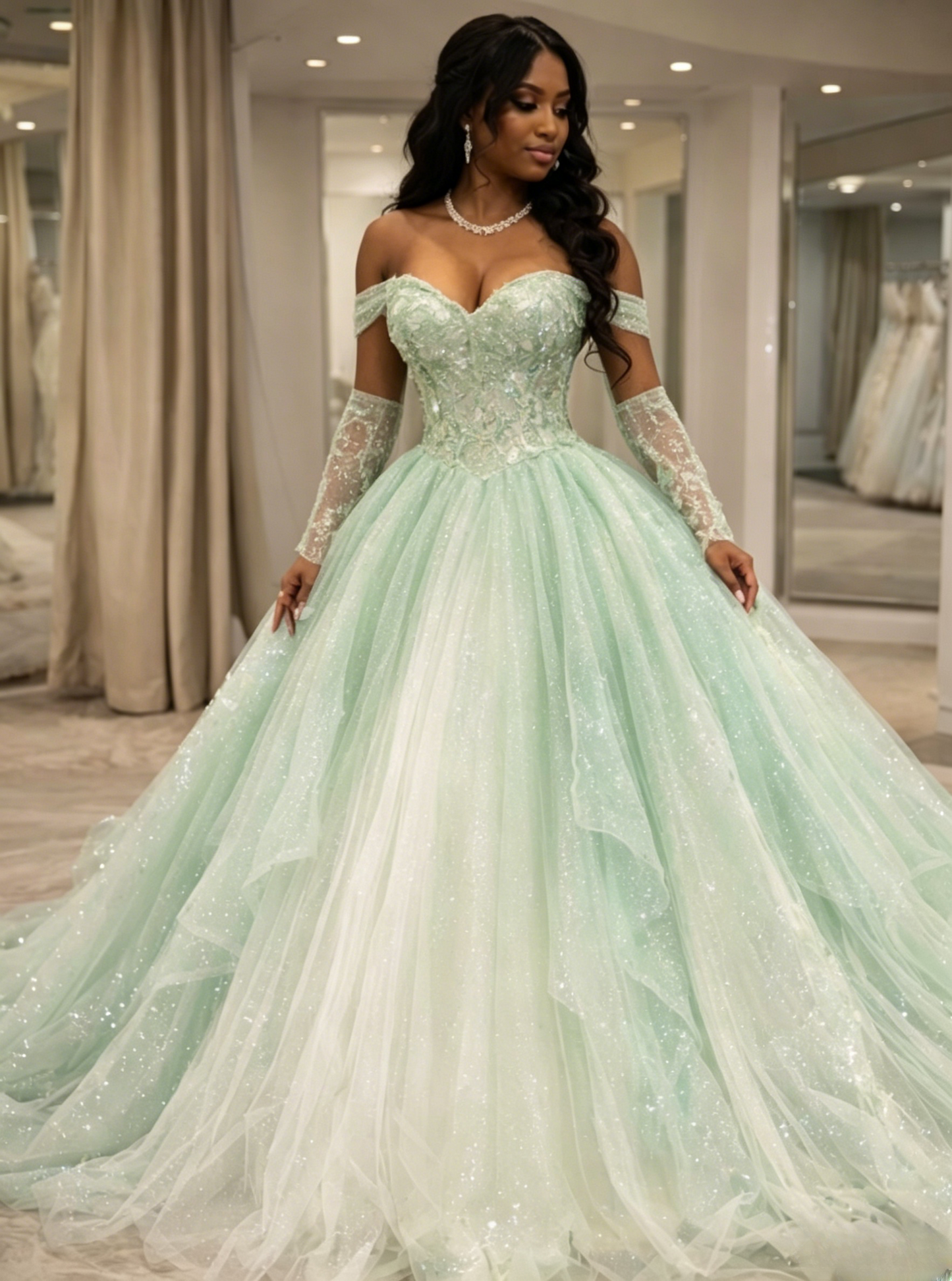 Green Prom Dress Gorgeous Off-shoulder A-Line Sweet 16 Dress Tulle Quinceanera Dress ED07672