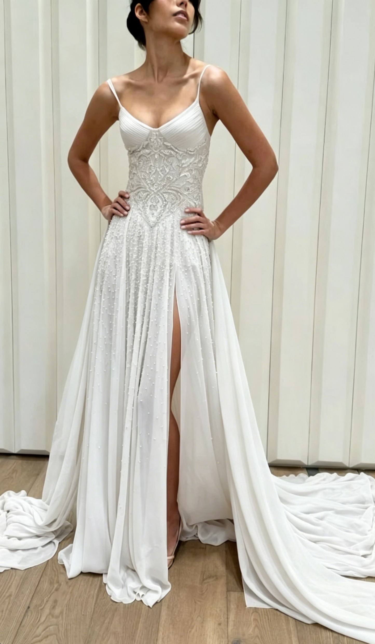 Chic White Prom Dress Spaghetti Straps Sheath Chiffon Long Evening Dress ED07674