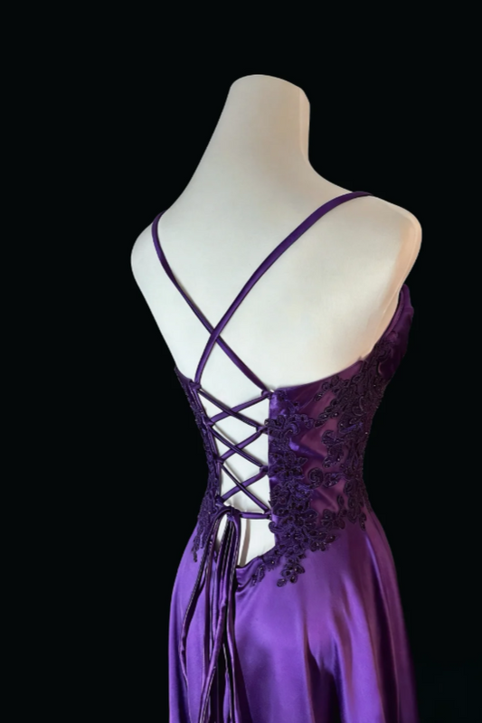Chic Purple Prom Dress Spaghetti Straps Sheath Satin Long Evening Dress ED07675