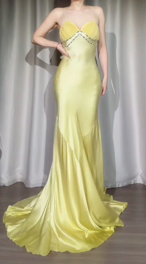 Chic Yellow Prom Dress Spaghetti Straps Sheath Satin Long Evening Dress ED07676