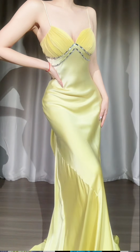 Robe de bal jaune chic, bretelles spaghetti, fourreau, en satin, longue robe de soirée ED07676