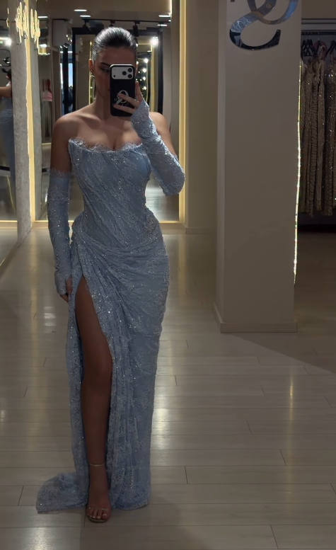 Robe de bal chic bleu poussiéreux sans bretelles fourreau dentelle longue robe de soirée ED07679
