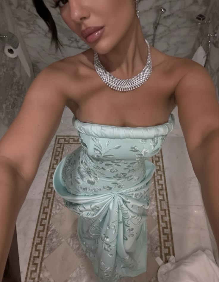 Chic Tiffany Blue Prom Dress Strapless Sheath Satin Floral Long Evenin –  EvaFashionDress