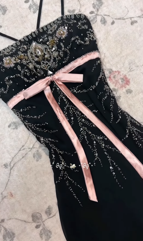 Fairy Black Prom Dress Spaghetti Straps Beaded Formal Dress Sheath Chiffon Long Evening Dress ED07694