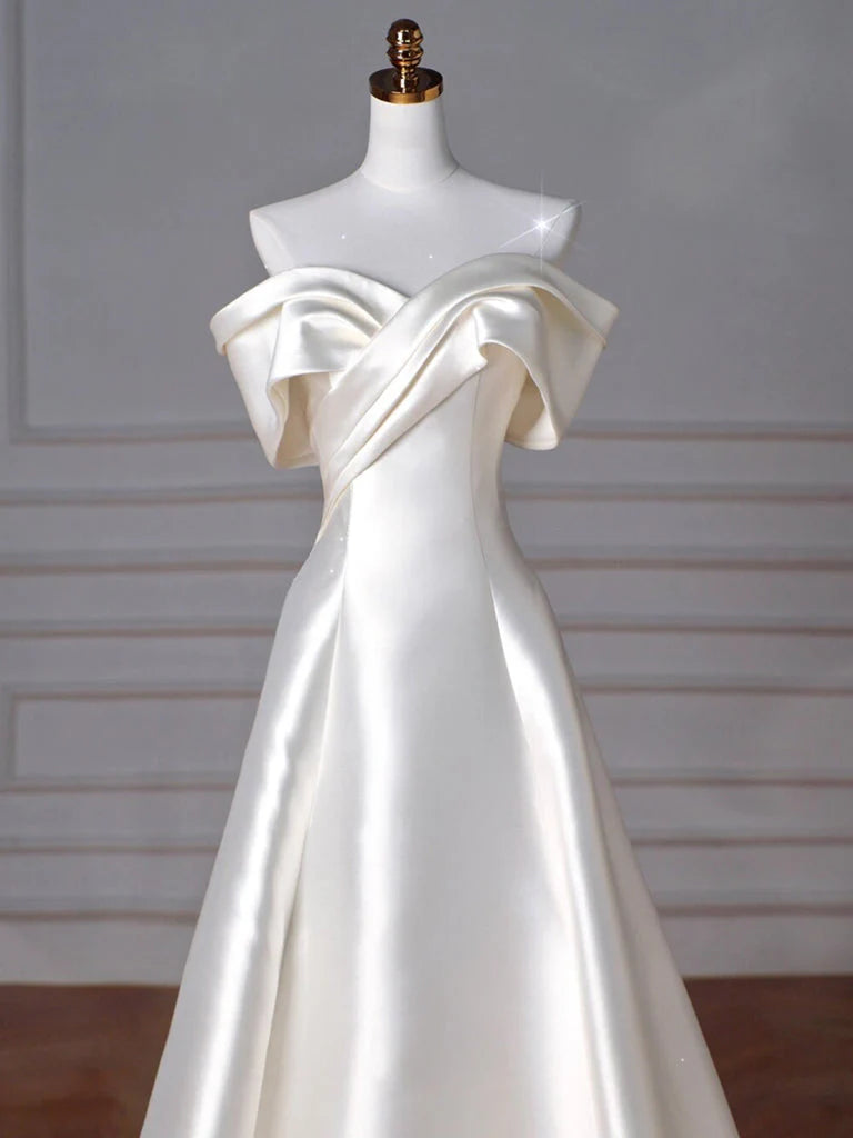 A-Line Off Shoulder Satin ivory Long Prom Dress, Satin Long Formal Dress ED077