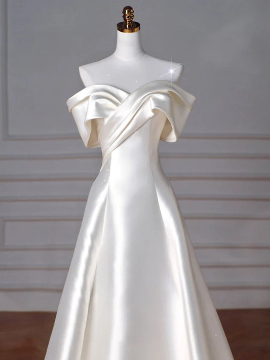 A-Line Off Shoulder Satin ivory Long Prom Dress, Satin Long Formal Dress   ED077
