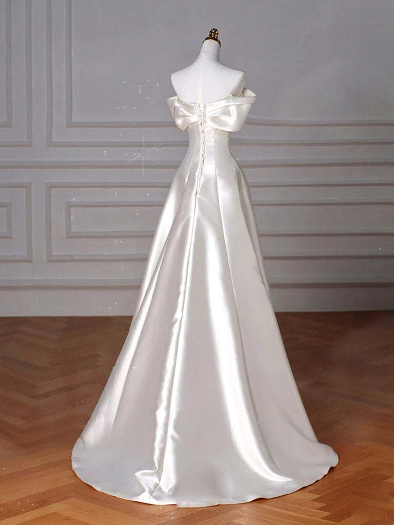 A-Line Off Shoulder Satin ivory Long Prom Dress, Satin Long Formal Dress ED077