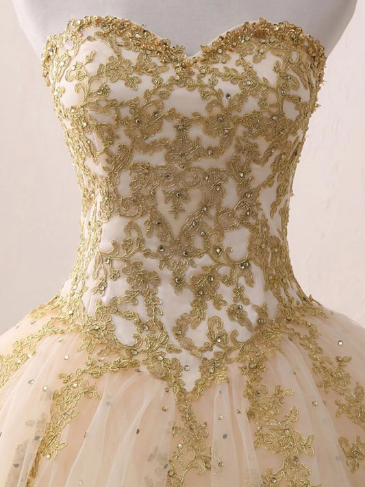 Champagne Sweetheart Neck Tulle Long Prom Gown, Champagne Sweet 16 Dress ED0770