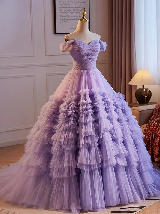 A-Line Off Shoulder Tulle Purple Long Prom Dress, Purple Long Evening Dress ED0771
