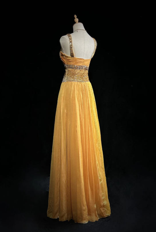 Robe longue fourreau simple à fines bretelles en mousseline perlée, robe de soirée dorée pour bal de promo ED07712
