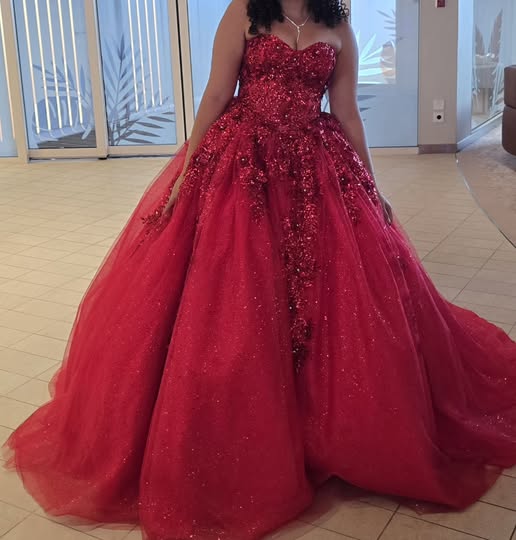 Chic A-Line Sweetheart Tulle Long Evening Dress Red Prom Dress Applique Sweet 16 Dress ED07716