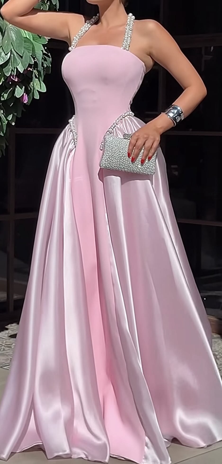 Chic A-Line Satin Long Evening Dress Halter Pink Prom Dress ED07721