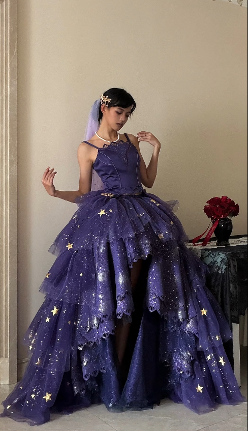 Magnifique Robe de Demoiselle d'honneur Ligne A en Tulle Bretelles Spaghetti Robe de Quinceañera Robe de Bal Violette ED07723