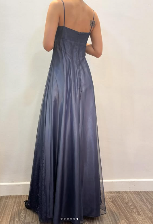 Gorgeous Sheath Chiffon Long Evening Dress Spaghetti Straps Beaded Formal Dress Gradient Navy Blue Prom Dress ED07732