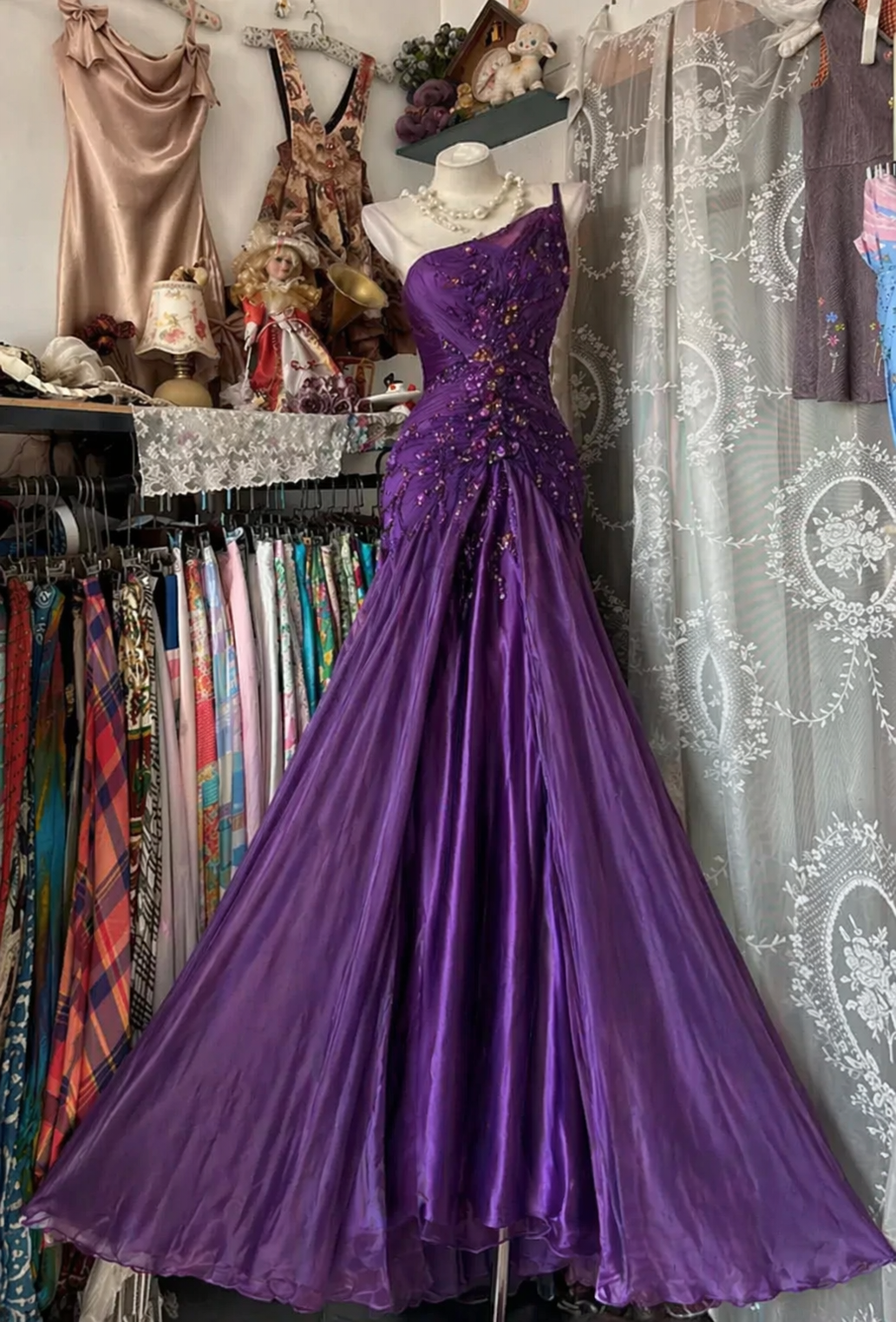 Robe de bal violette à une épaule, coupe fourreau en mousseline de soie, longue robe de soirée ED07743