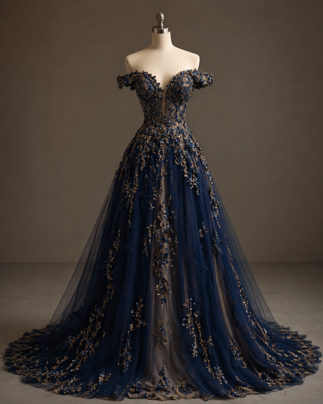 Modisches marineblaues Ballkleid mit Applikationen, schulterfrei, A-Linie, Tüll, langes Abendkleid ED07744