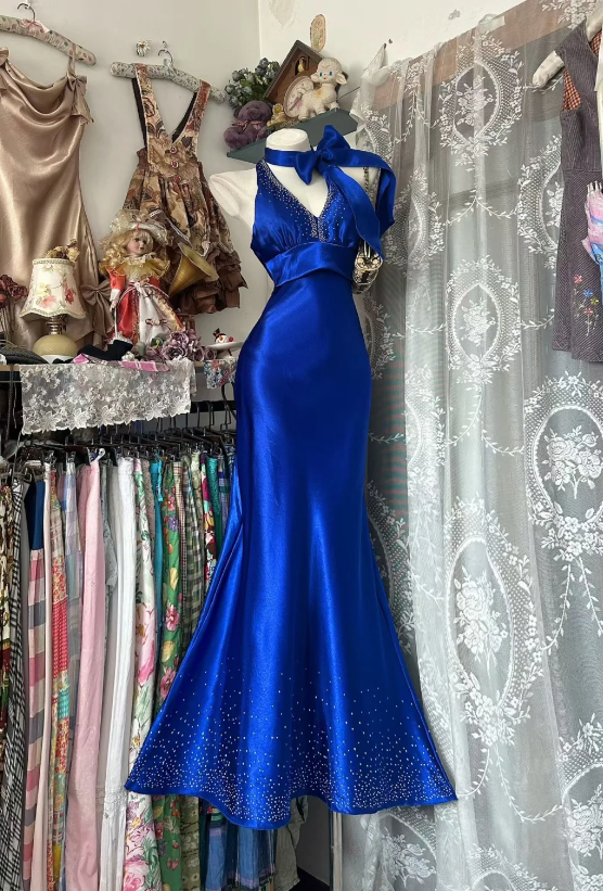 Classy Mermaid Satin Long Evening Dress Halter Formal Dress Blue Prom   EvaFashionDress