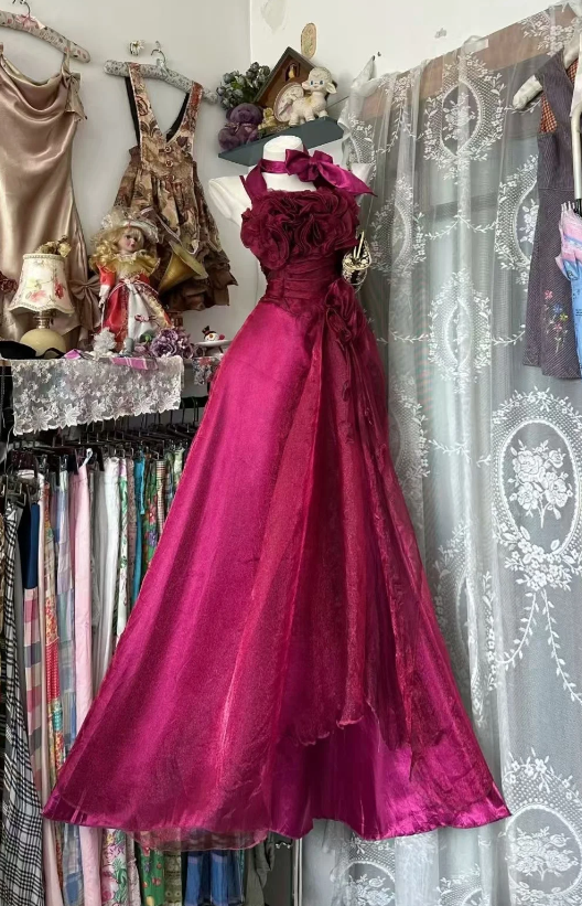 Classy Sheath Tulle Long Evening Dress Halter Formal Dress Hot Pink Prom Dress ED07748