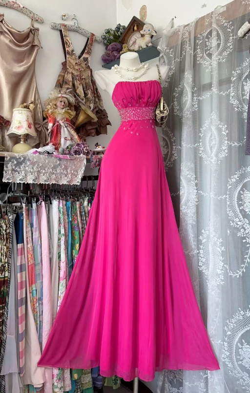 Classy Sheath Chiffon Long Evening Dress Strapless Formal Dress Hot Pi   EvaFashionDress