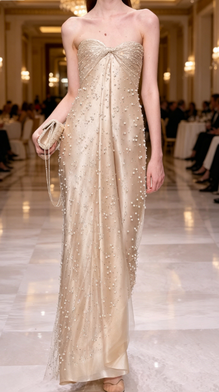 Fashion Champagne Prom Dress Strapless Sheath Long Evening Dress Beaded Chiffon Birthday Dress ED07760