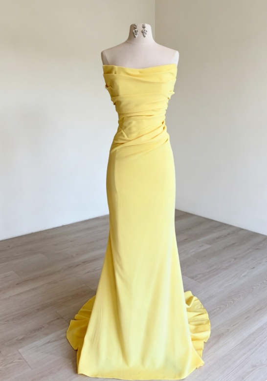 Classy Strapless Sheath Chiffon Long Evening Dress Yellow Prom Dress ED07763