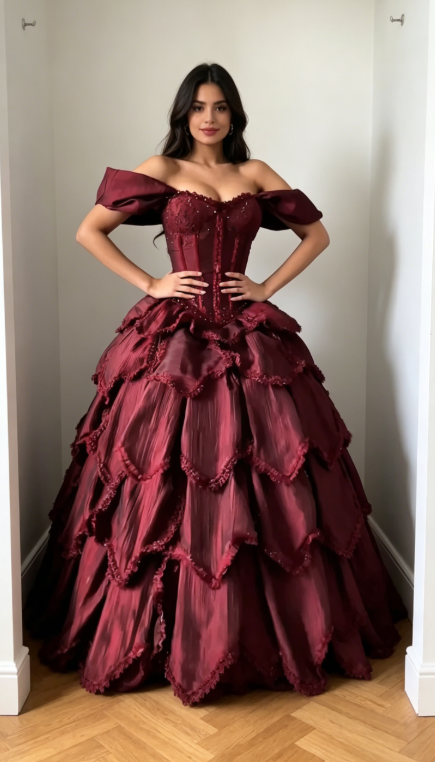 Gorgeous Off-shoulder Quinceanera Dress A-Line Satin Prom Dress Burgundy Sweet 16 Dress ED07778