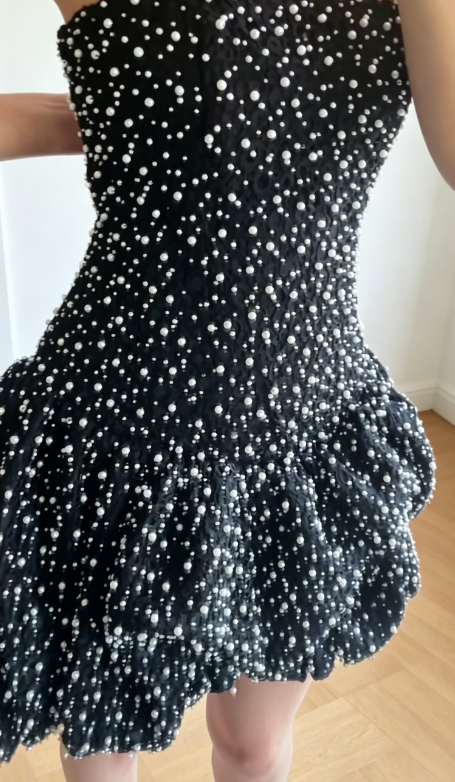 Gorgeous Strapless Birthday Dress A-Line Satin Beaded Vacation Dress Black Short Prom Dress ED07787