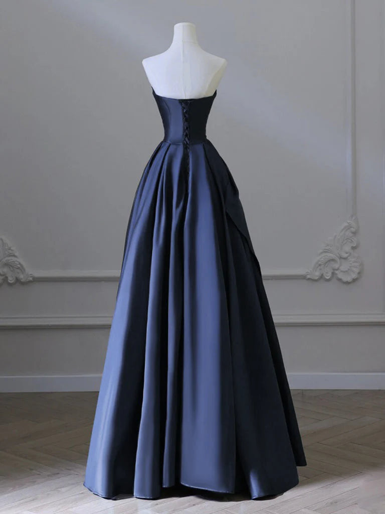 A-Line V Neck Satin Dark Blue Long Prom Dress, Blue Long Formal Dress ED078