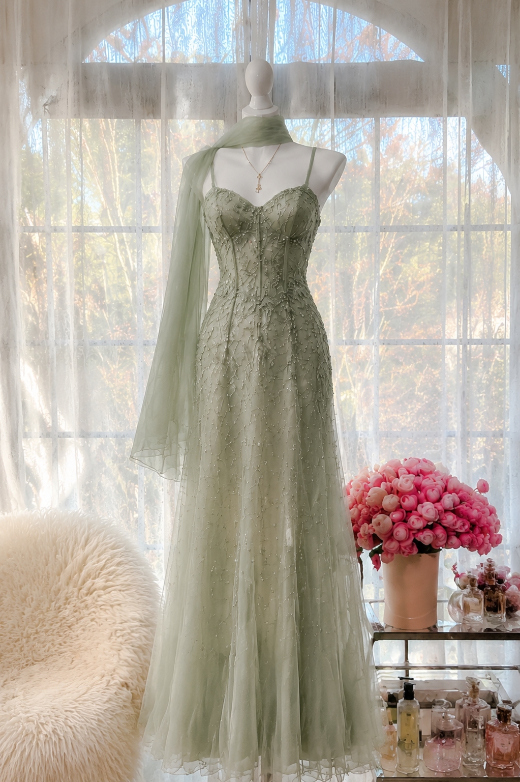 Robe de soirée longue trapèze en tulle perlée avec fines bretelles chic, robe de bal verte ED07805
