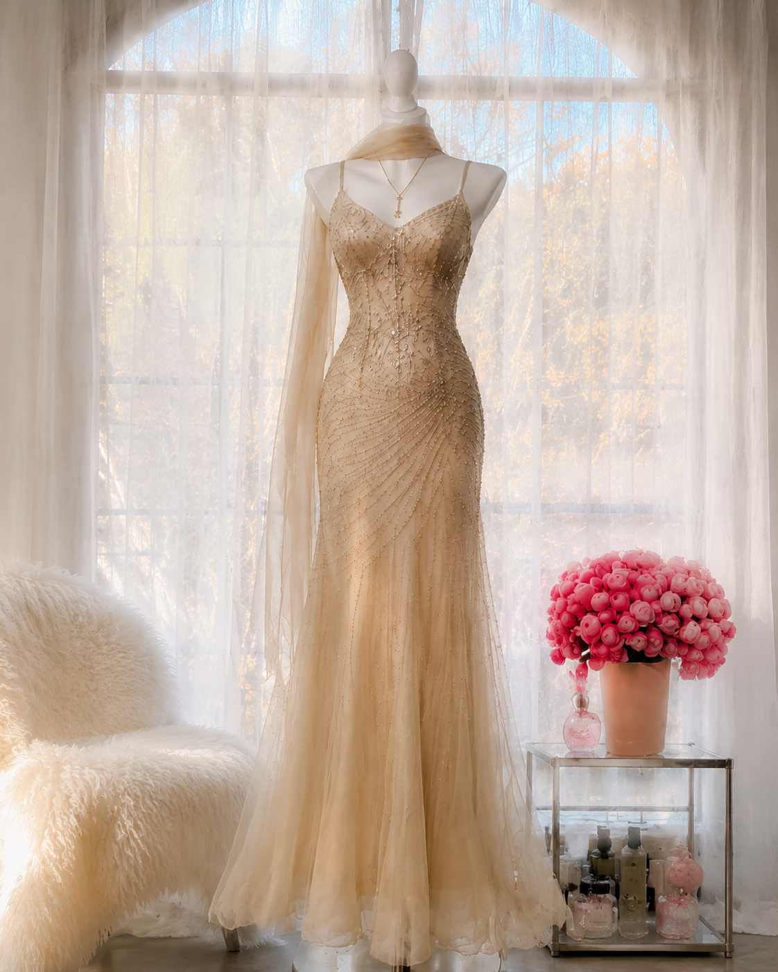 Elegantes Neckholder-Scheidenkleid aus Chiffon mit Perlenbesatz, langes Abendkleid, Gelbes Ballkleid ED07806