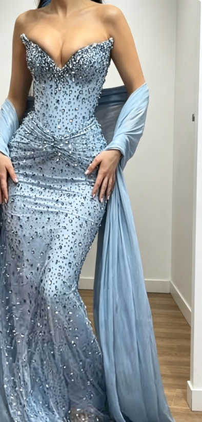 Elegantes Etui-Abendkleid aus Chiffon mit Herzausschnitt, langes Ballkleid in Blau ED07812