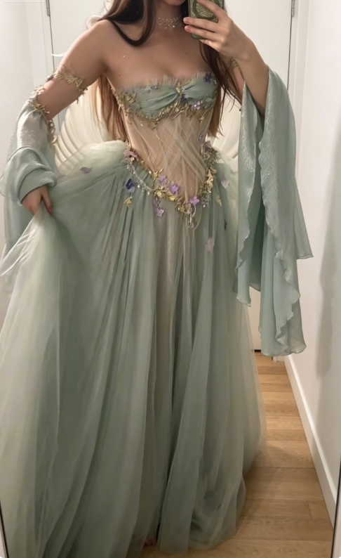 Chic Green Prom Dress Strapless Sheath Tulle Appliques Long Evening Dress Sleeveless Birthday Dress ED07815