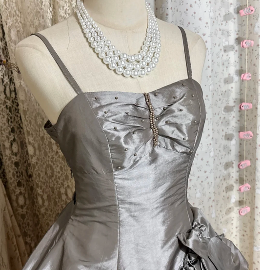 Chic Grey Short Prom Dress Spaghetti Straps A-Line Birthday Dress Satin Cocktail Dress ED07816