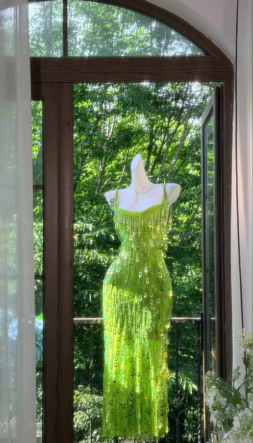 Chic Spaghetti Straps Sheath Chiffon Sequins Long Evening Dress Lemon Green Prom Dress ED07821